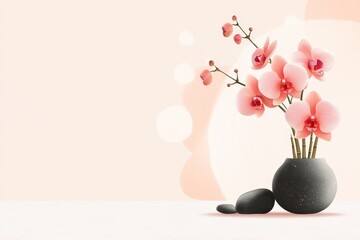 Aufkleber - A flat design of an Ikebana piece with bamboo and a single orchid, set against a pastel background