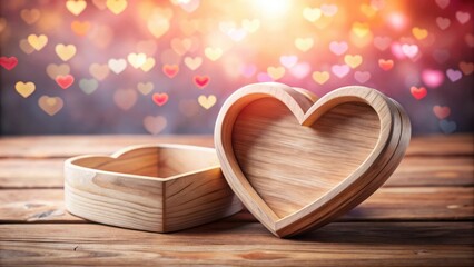 Poster - A wooden heart-shaped box sits on a rustic wooden table with a bokeh background of blurry red and pink hearts, a symbol of love and affection.