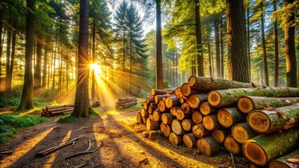 Poster - Sunlight streams through the dense canopy of a forest, illuminating a stack of freshly cut logs, casting long shadows on the forest floor.