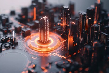 Poster - A futuristic display screen showing AI-enhanced improvement suggestions for a city infrastructure, glowing with holographic visuals