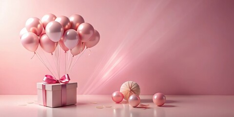 Poster - A Gift Box Surrounded by Pink Balloons in a Soft Pink Setting with Delicate Streamers of Light