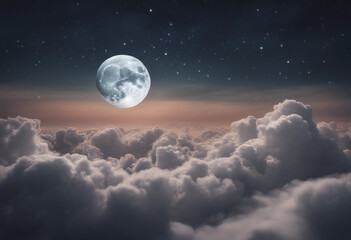 Romantic Moon In Starry Night Over Clouds