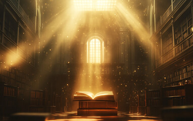 Poster - Glowing Book on Pedestal in Majestic Library with Golden Sun Rays and Dust Particles