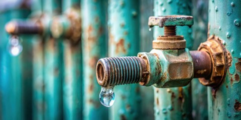 Poster - A single drop of water hangs from a rusty valve, a testament to the slow, steady drip of time and the enduring nature of even the most worn objects.