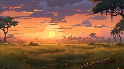 Wall Mural - A vast savannah with scattered acacia trees at sunset, hard light, space on the left for logo,generative ai illustration