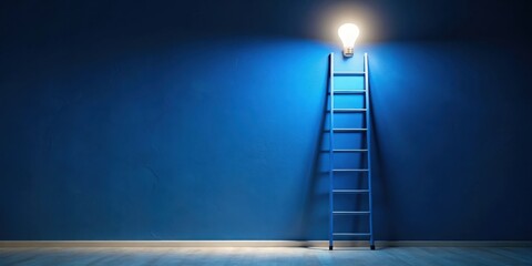 Poster - A blue ladder leading to a lit light bulb on a blue wall, symbolizing the journey towards achieving success and enlightenment.