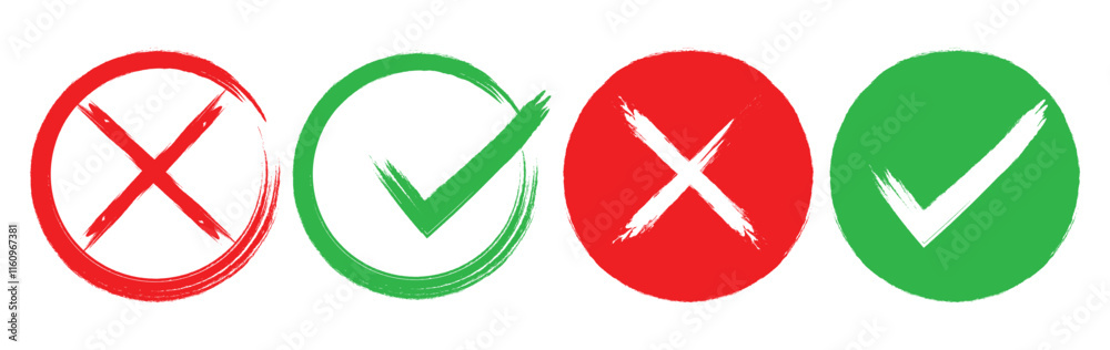Green and red brush check mark icon. Right and wrong buttons. Checkmark ...