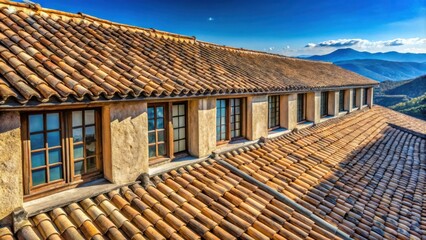 Poster - A tiled roof with windows overlooking a distant mountainous landscape, bathed in the warm glow of the setting sun.