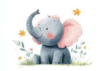 Fototapete - Cute isolated illustration of an elephant with pink ears and flowers, perfect for childrens media and designs. Generative AI