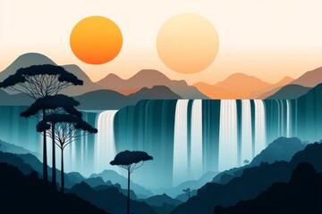 Poster - A minimalist flat design of IguazÃº Falls with clean blue and green gradients, representing the cascading water and rainforest
