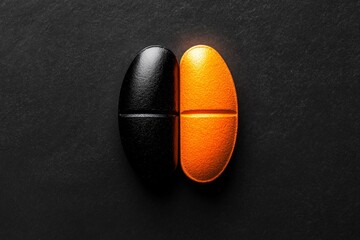 Aufkleber - A minimalist graphic of a single pill splitting in half, with one side dark and the other side light, symbolizing the duality of choices