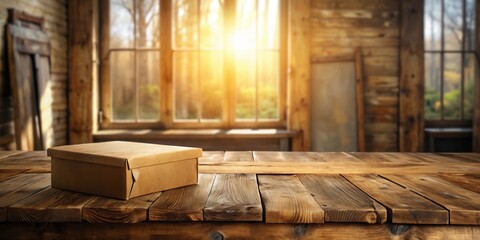 Wall Mural - Rustic Wooden Table With a Cardboard Box in Front of a Window With Sunlight Streaming Through