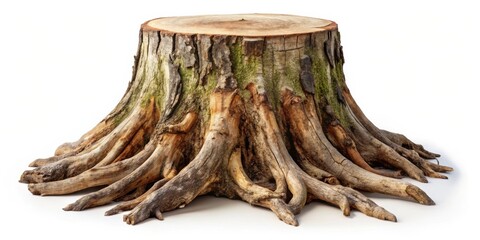 Poster - A weathered tree stump with a smooth, flat top and intricate, exposed roots reaching out in all directions, showcasing the resilience of nature.