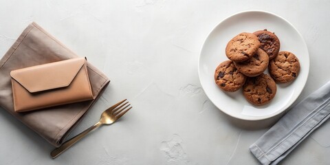Poster - A minimalist flat lay with a brown leather wallet, a golden fork, a plate of chocolate chip cookies, and napkins on a white textured background.
