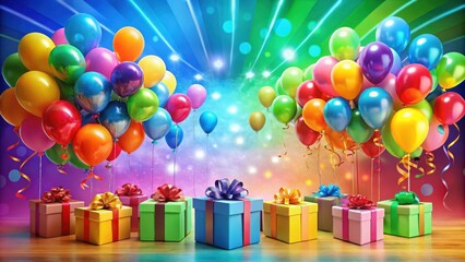 Poster - A Festive Display of Colorful Balloons and Wrapped Gifts Surrounded by a Sparkling Rainbow Background