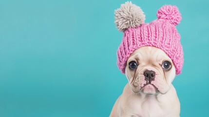 Wall Mural - Cute French Bulldog in Pink Knit Hat with Pom Poms on Blue Background