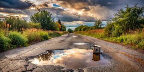 Aufkleber - A solitary road stretches through a verdant landscape, with a reflecting puddle mirroring the dramatic clouds above, creating a poignant scene of tranquility and nature's beauty.