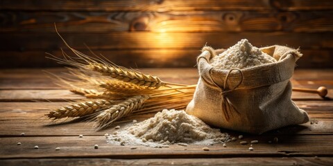 Wall Mural - A burlap sack overflowing with flour, resting on a rustic wooden table with wheat stalks scattered around it. The warm light illuminates the scene, highlighting the simple beauty of nature's bounty.