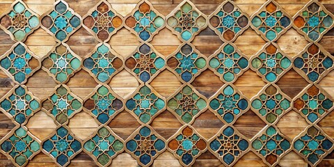 Aufkleber - Intricate Geometric Patterns on a Wooden Background, Featuring a Tapestry of Blue, Green, and Brown Hues with Golden Accents
