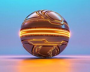 Poster - Futuristic Abstract Sphere with Glowing Orange Lines and Geometric Patterns against Soft Blue Background for Science and Technology Themes