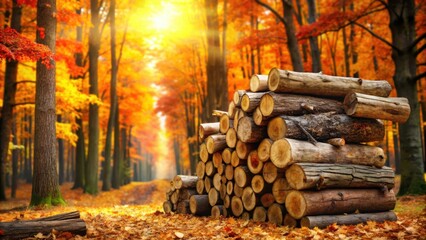 Aufkleber - A stack of neatly arranged logs rests on a bed of fallen autumn leaves in a forest bathed in golden sunlight.