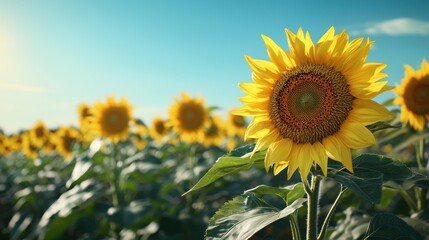 Wall Mural - Vibrant Sunflower Field Under Clear Blue Sky with Warm Sunshine