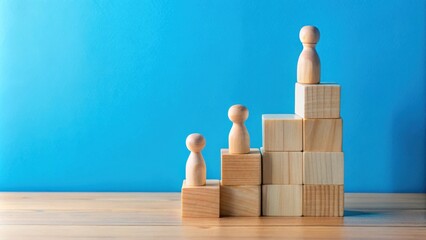 Poster - Wooden Figures Stand On A Staircase Of Wooden Blocks In Front Of A Blue Background
