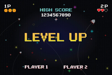 Leinwandbilder - LEVEL UP. pixel art .8-bit game. Retro Futurism Sci-Fi Background. glowing neon grid. and stars from vintage arcade computer games