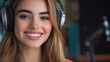 © heinng - Close-up Photo: Joyfully Smiling Woman Listening to Music in Recording Studio. AI Generated