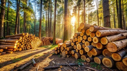 Poster - Sunlight filters through the dense canopy of a forest, illuminating stacks of freshly cut logs, a testament to the cyclical nature of life and resource management.