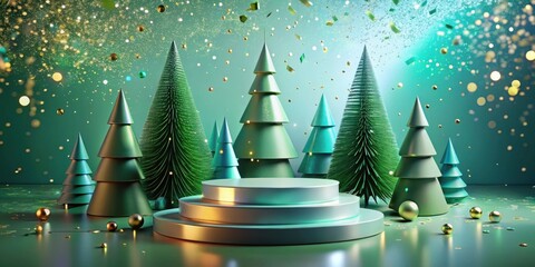 Poster - A festive Christmas scene with a three-tiered podium surrounded by stylized pine trees, sparkling with golden confetti and lights.