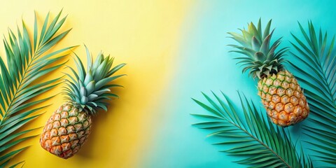 Aufkleber - Tropical Summer Still Life with Pineapples and Palm Leaves on a Yellow and Blue Background