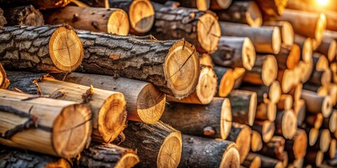 Poster - A Close-Up of a Stack of Logs, Their Warm Brown Tones Illuminated by the Golden Light of the Setting Sun