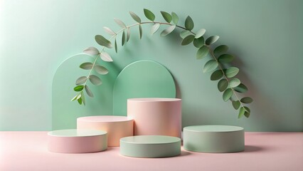 Aufkleber - Pastel Green and Pink Cylinder Podium with Branch of Foliage on a Green Wall