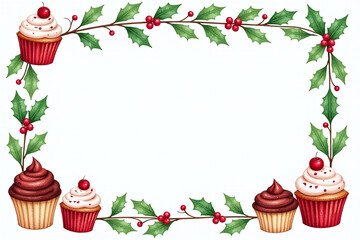 Wall Mural - square frame decorated festive sweets like cupcakes holly leaves painted watercolor red green