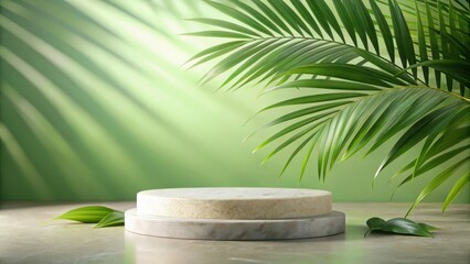 Poster - Minimalist Product Display With Natural Elements and Light Streaming Through Palm Fronds