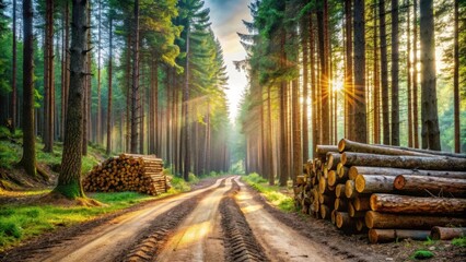 Poster - Sunbeams filtering through a dense forest of tall trees, illuminating a dusty path and stacks of logs.