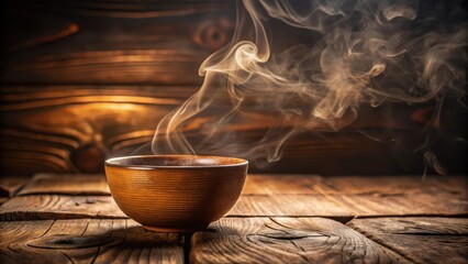 Wall Mural - A steaming bowl of soup on a rustic wooden surface, creating a warm and inviting atmosphere