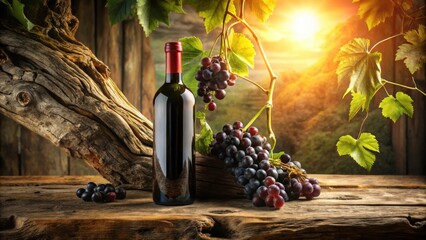 Poster - A bottle of wine rests beside a cluster of grapes on a rustic wooden table, with a vine draped over a weathered tree branch and the sun setting in the distance.