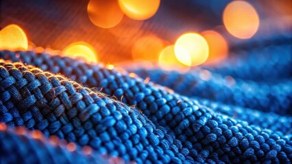 Poster - A close-up view of a blue knitted fabric with an out-of-focus background of warm, glowing light.