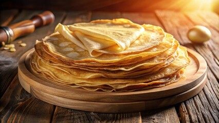 Poster - A stack of golden brown crepes, delicately arranged on a wooden platter, bathed in warm sunlight