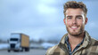 © heinng - Close-up Photo: Confident Trucker Smiles Brightly Outdoors on a Cloudy Day. AI Generated