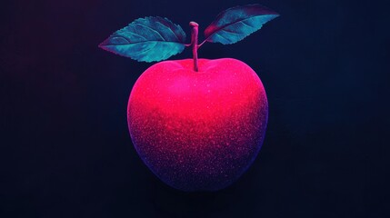 Wall Mural - Vibrant Neon Apple with Leaves Against Dark Background