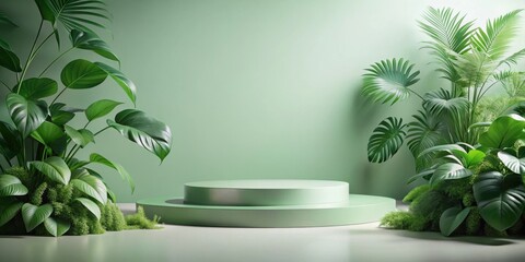 Poster - A Minimalist Green Platform Surrounded by Lush Tropical Foliage, Providing a Serene and Modern Display for Products