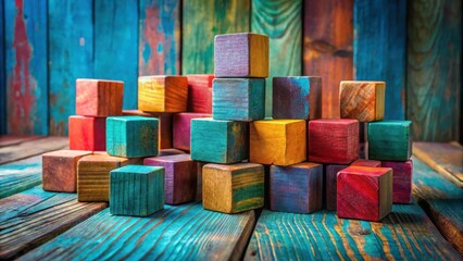 Poster - A whimsical arrangement of colorful wooden blocks, each showcasing unique hues and textures, perched atop a weathered wooden surface, evoking a sense of playful creativity and artistic expression.