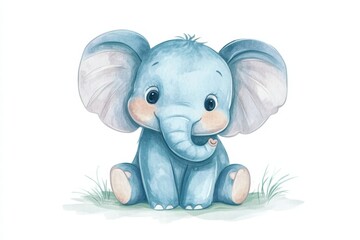 Poster - Cute blue elephant character sitting on grass with ample copy space for personalized text. Generative AI