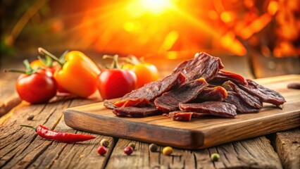 Aufkleber - A Rustic Still Life of Beef Jerky on a Wooden Cutting Board with a Red Pepper, Peppers, and Tomatoes in the Foreground