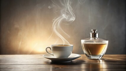 Poster - A steaming cup of coffee and a bottle of perfume on a wooden table with a blurry background