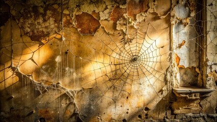 Poster - A weathered, crumbling wall adorned with a delicate spider web, a testament to nature's resilience in the face of decay.