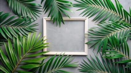 Aufkleber - Simple White Frame Surrounded by Lush Green Palm Leaves on Gray Background